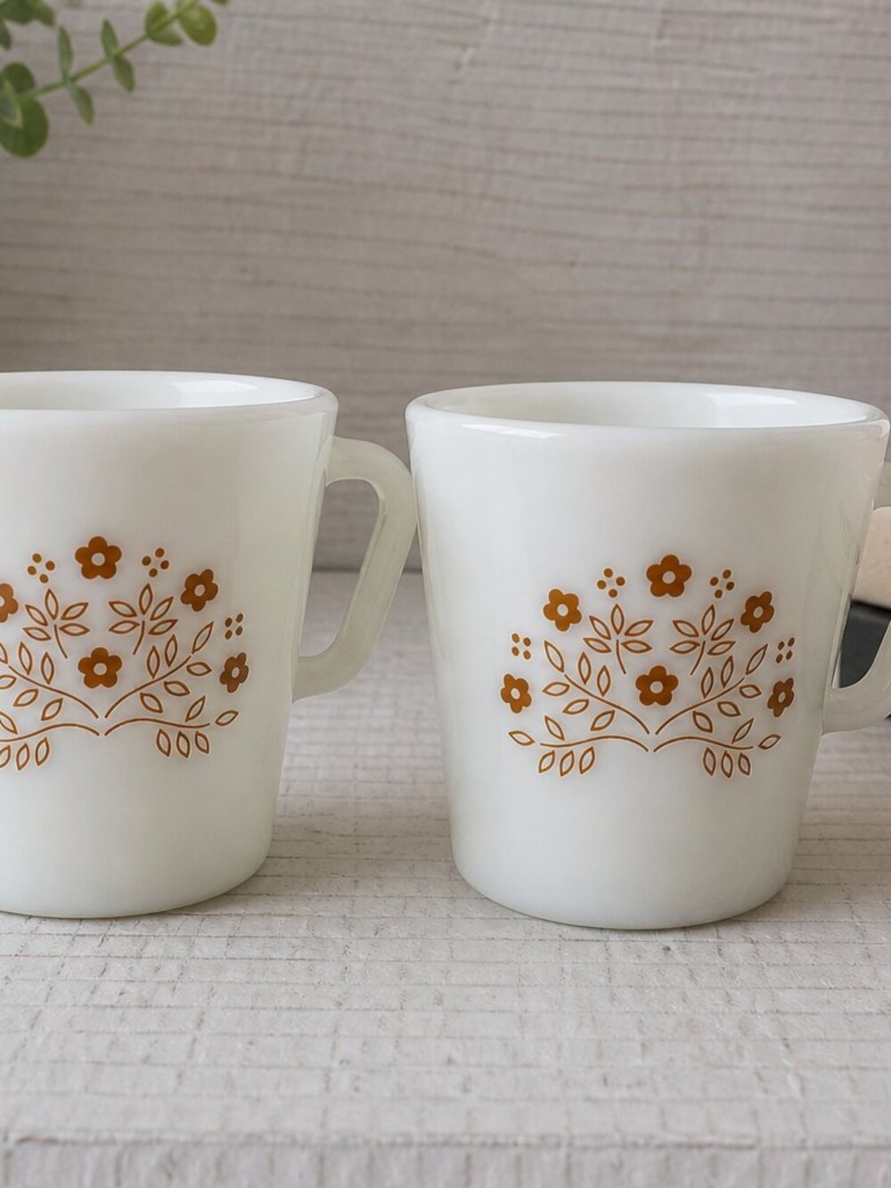 Vintage Pyrex Summer Impressions Milk Glass Mugs Set 2 Ginger Brown Floral 1970s